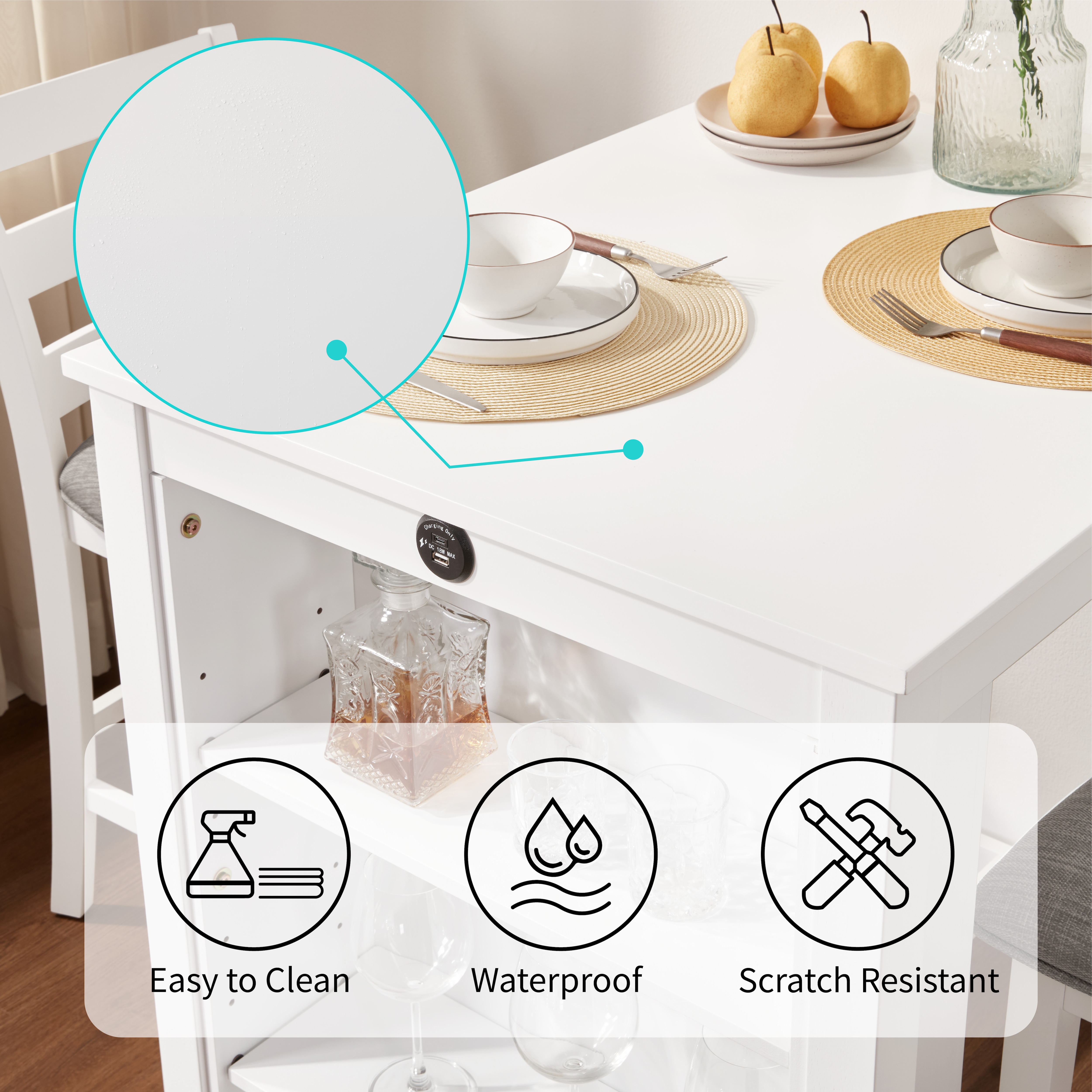 36" Modern Dining Table Set for 2 with Charging Station & 3-Tier Adjustable Storage | Space-Saving Kitchen Set with Upholstered Chairs for Small Spaces, Apartment,White 36" Modern Dining Table Set for 2 with Charging Station & 3-Tier Adjustable Storage | Space-Saving Kitchen Set with Upholstered Chairs for Small Spaces, Apartment,White